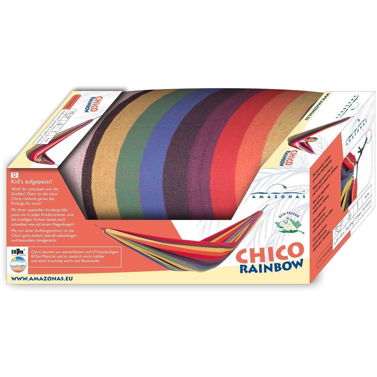 Packaging for the Chico Rainbow Hammock - Children's by Amazonas features a vibrant striped design and a small image showcasing the lightweight hammock in action, perfect for young children. The Amazonas branding and weatherproof details are prominently displayed on the box.