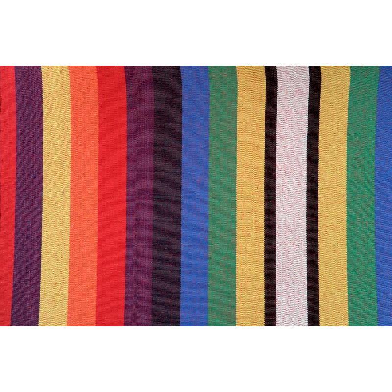 Introducing the Chico Rainbow Hammock - Childrens by Amazonas, a vibrant textile ideal for a light hammock. This bold and colorful design features vertical stripes in red, purple, orange, yellow, green, and blue, creating an eye-catching pattern perfect for young children to enjoy outdoors.