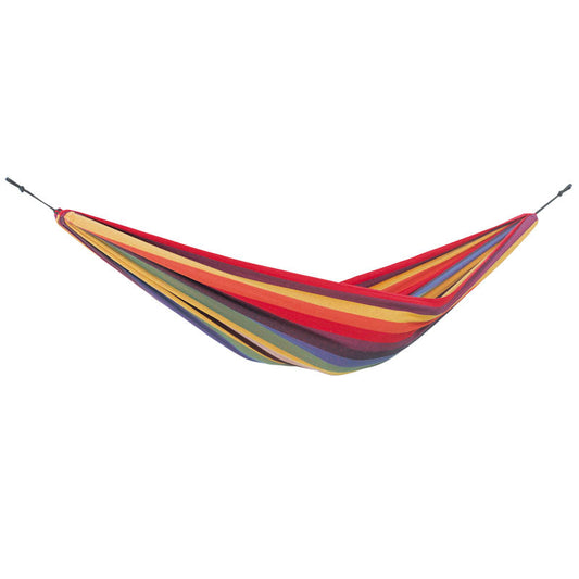 The Chico Rainbow Hammock - Childrens by Amazonas is showcased against a plain white background, featuring vibrant stripes in red, orange, yellow, green, blue, and purple. This weatherproof hammock is ideal for young children and brings a burst of color to any environment.