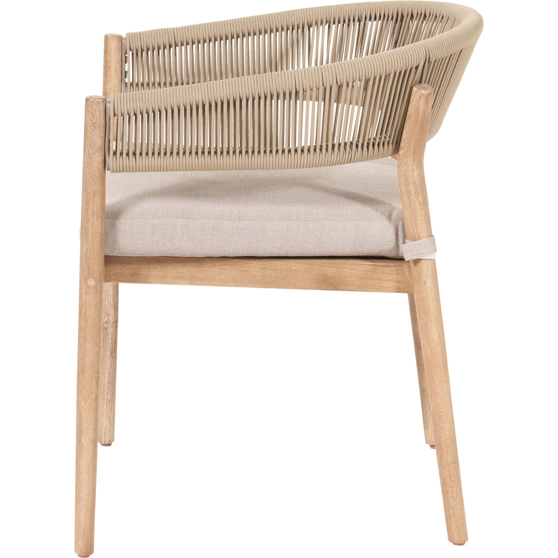 A side view of a chair from the Denver Sage Green 6 Seater Dining Set by Pacific Lifestyle highlights an acacia wood frame and beige woven rope backrest, complemented by a cushioned seat. Handcrafted in Vietnam, this minimalist and contemporary design is ideal for an outdoor dining setting.