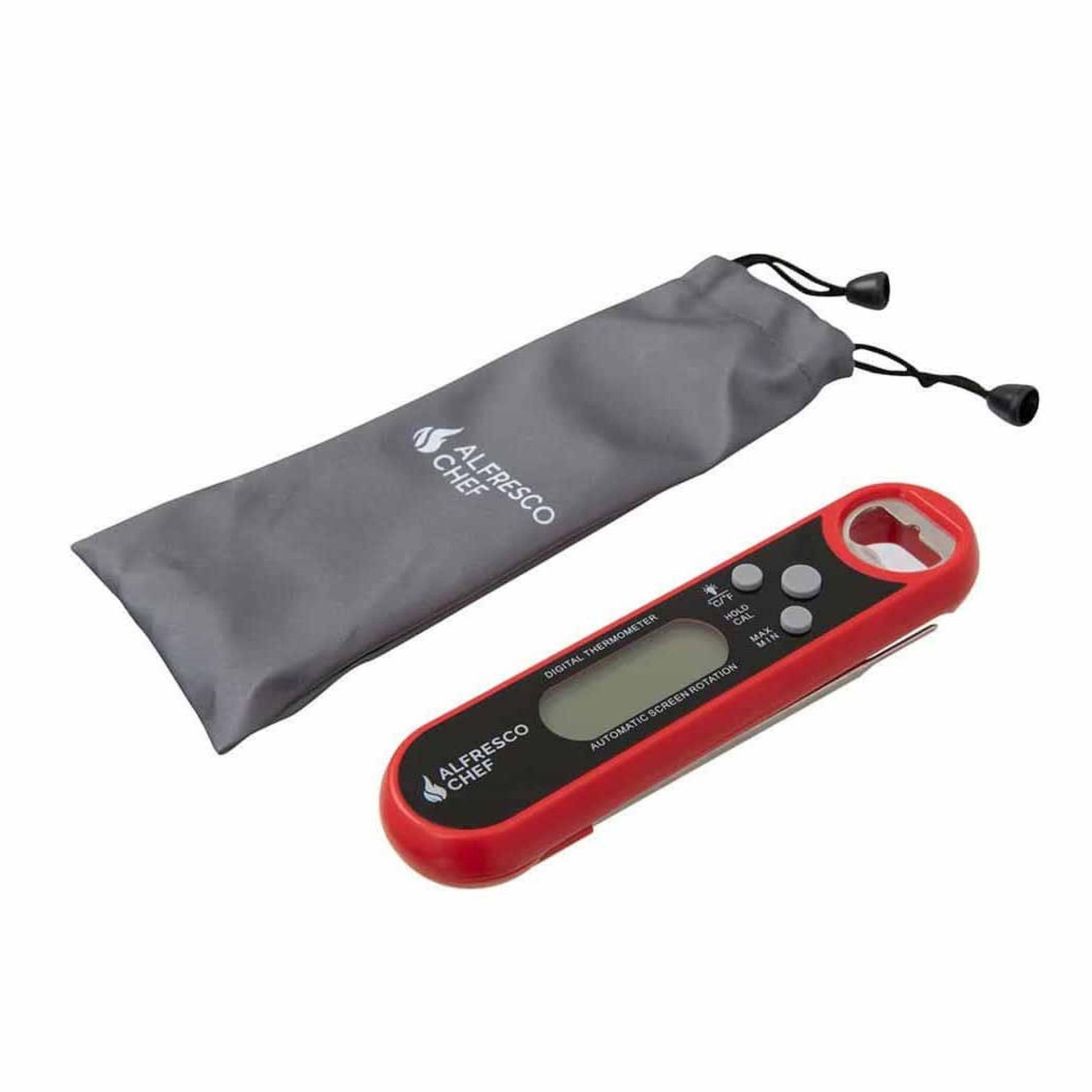 The Alfresco Chef Digital Meat Thermometer features a stylish red and black design, complete with a clear display and user-friendly buttons. Ideal for any cooking enthusiast, it also includes a convenient gray carrying pouch.