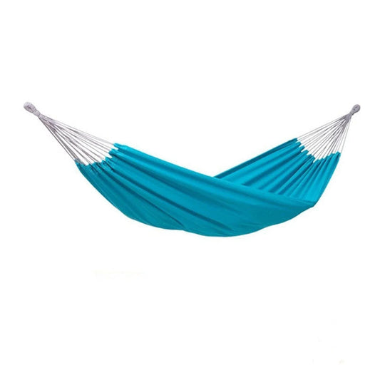 The Amazonas Florida Aqua Hammock, featuring vibrant blue and white hues, is supported by durable ropes and set against a plain white background. It provides an ample load capacity of 150 kg, ensuring maximum relaxation.