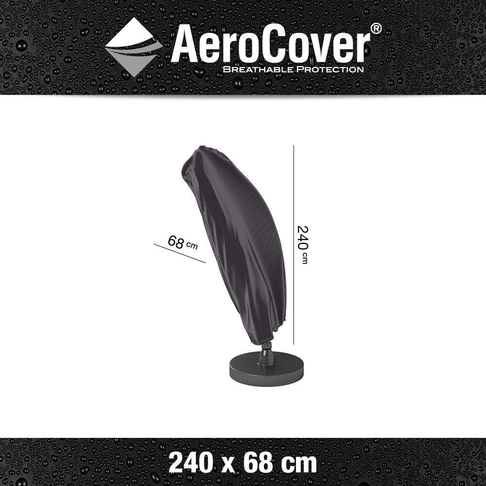 The Free Arm Parasol AeroCover by Aero Cover provides UV protection for outdoor items with dimensions of 240 cm in height and 68 cm in width. Its black, waterproof construction effectively guards against rain, featuring the AeroCover logo above an elegant design that enhances free arm parasols beautifully.