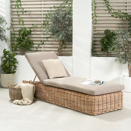 Garda Natural Antique Sunlounger. Outdoor living. Rattan-Lounger-Pacific lifestyle-The Garda Sunlounger offers an eye-catching double skinned weave and laid-back seating for the ultimate lounging experience. Perfect for lounging in the sun or enjoying long summer evenings. The Sun Lounger, lovingly handcratfed in Vietnam, is made from 10mm guage, double-skinned, synthetic rattan weave which ensures perfect luxurious styling and a durable weather resistant finish and is perfectly complemented with the Medium