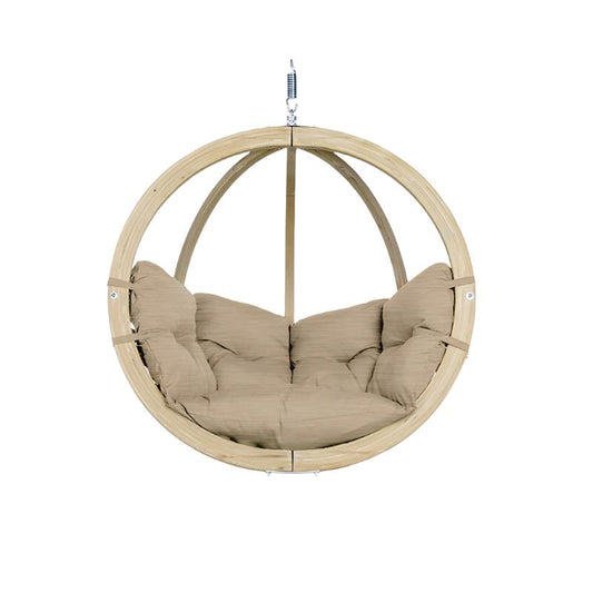 The Globo Single Sahara Hanging Chair (Limited Edition) by Amazonas is a circular wooden seat made from weatherproof spruce wood, featuring an acrylic cushion in a beige hue. Its metallic chain suspension and spherical design offer a blend of comfort and style for any area.