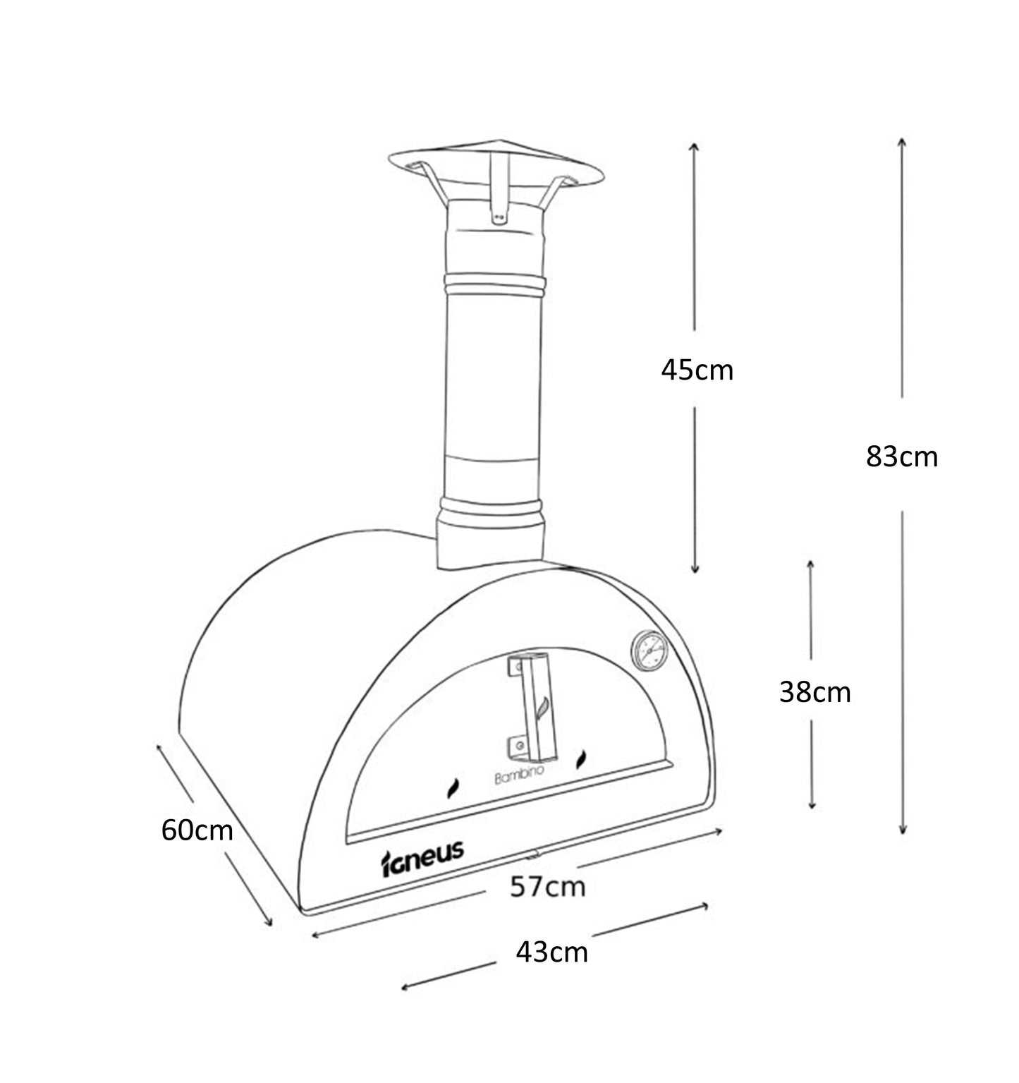 Igneus Bambino Wood Fired Pizza Oven-Pizza oven-Igneus-Igneus Bambino Wood Fired Pizza Oven Medium in size but big in function, the Igneus Bambino Pizza Oven houses a cooking area of 500x500mm. It cooks a 14" pizza in just a minute and can easily fit in a large baking tray or roasting pan. Fancy a hearty lasagna for dinner? Done. Baked potatoes on the side? Sure. This oven is designed to produce perfectly cooked meals and offer a convenient cooking process. The insulation allows for use on most surfaces tha