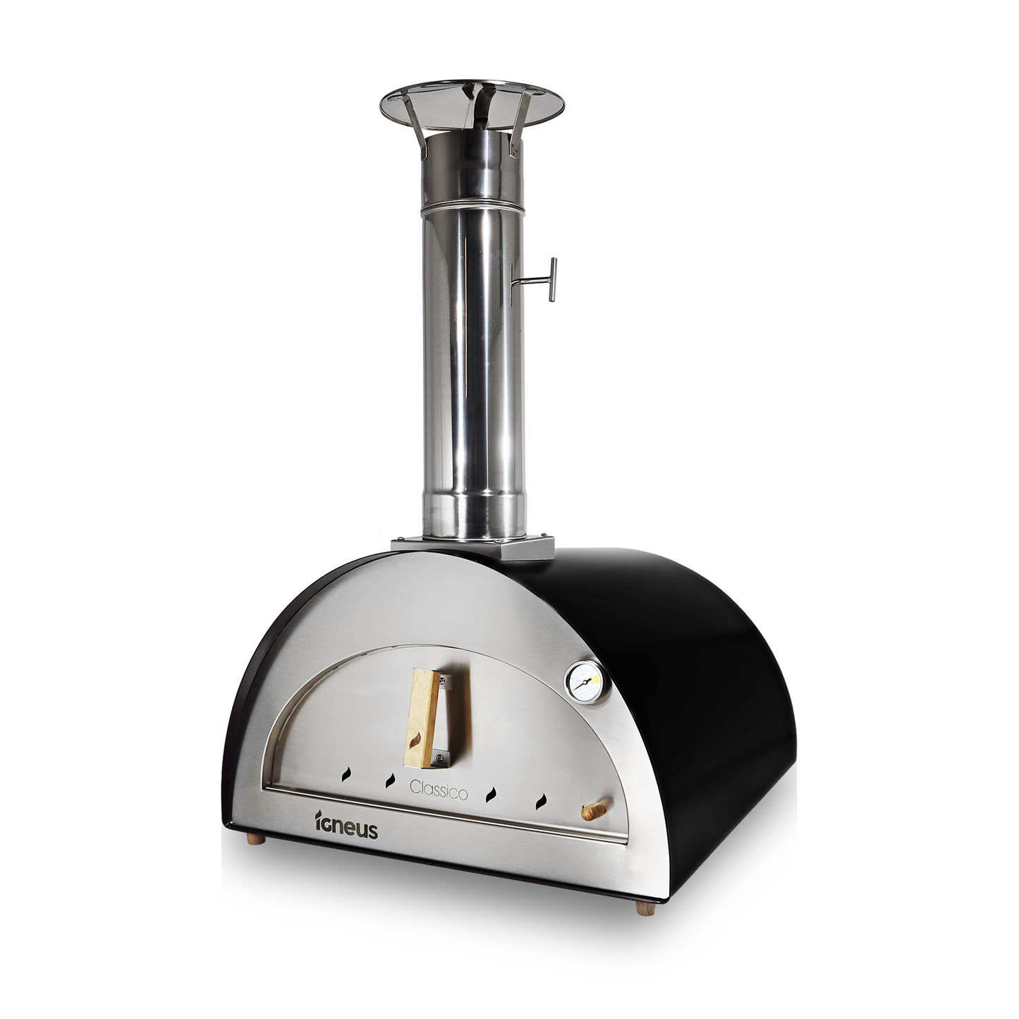 The Igneus Classico Pizza Oven Ultimate Bundle is a stainless steel, wood-fired pizza oven that is ideal for outdoor cooking. It includes a tall chimney, a front temperature gauge, and boasts a curved top with an elegant black exterior prominently featuring the Igneus brand at its base.