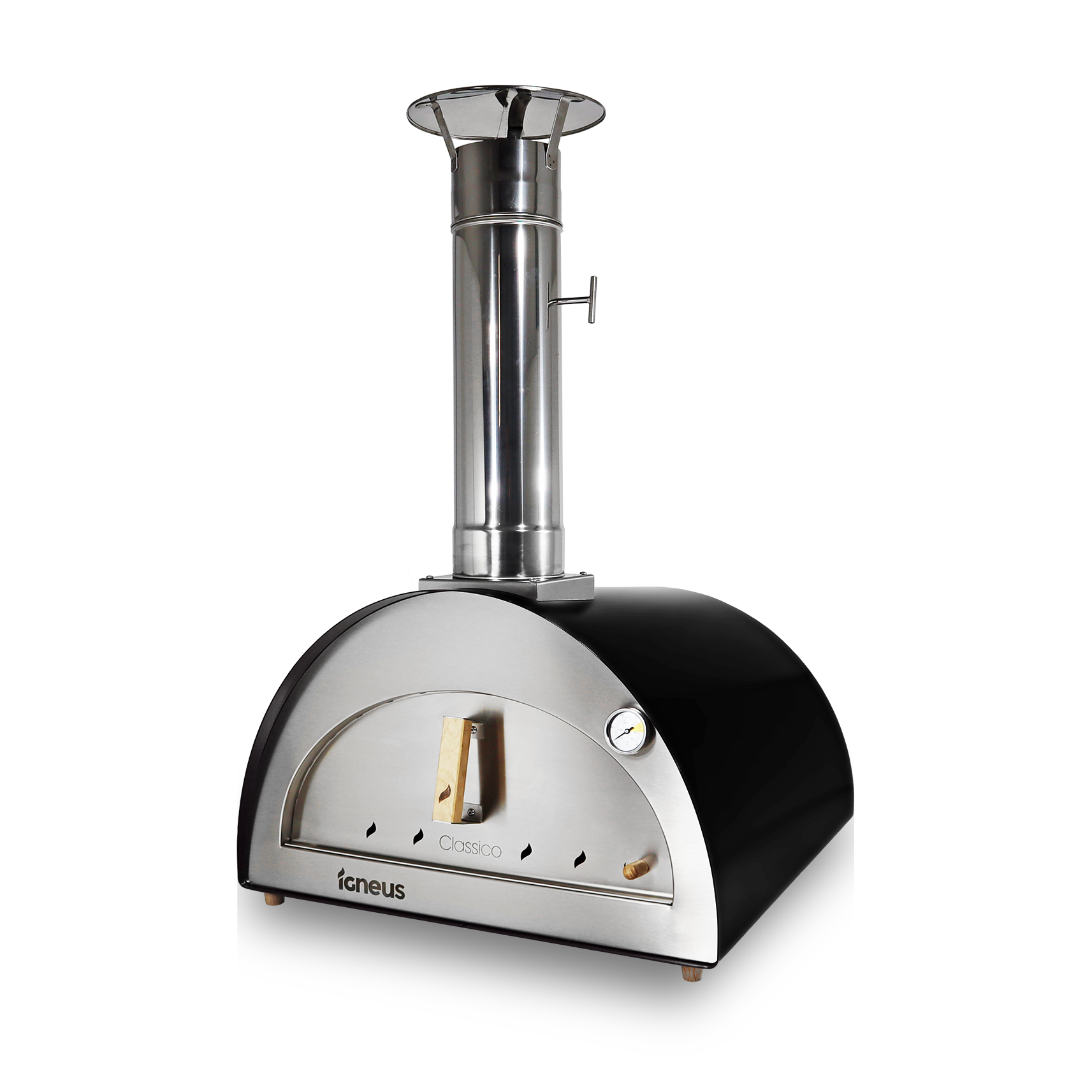 The Igneus Classico Pizza Oven Ultimate Bundle is a stainless steel, wood-fired pizza oven that is ideal for outdoor cooking. It includes a tall chimney, a front temperature gauge, and boasts a curved top with an elegant black exterior prominently featuring the Igneus brand at its base.