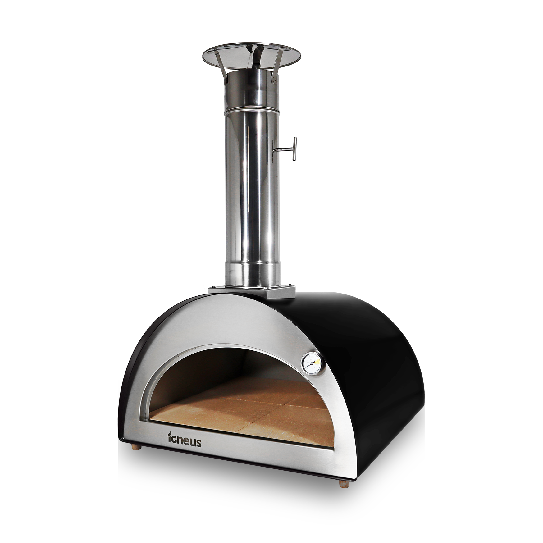 The Igneus Classico Pizza Oven Ultimate Bundle boasts a sleek black and silver design with a stainless steel chimney and built-in thermometer on the front. Its elegant curved top and short legs highlight the simple, modern aesthetic perfect for outdoor cooking.