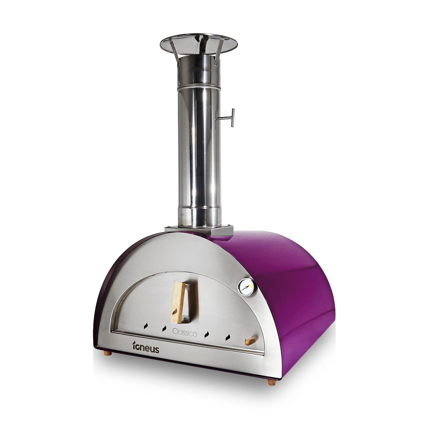 The Igneus Classico Pizza Oven Ultimate Bundle is a contemporary wood-fired pizza oven boasting a sleek stainless steel front and a lively purple exterior. It features a tall chimney, built-in thermometer, and an elegant curved design, making it ideal for outdoor cooking in your backyard.