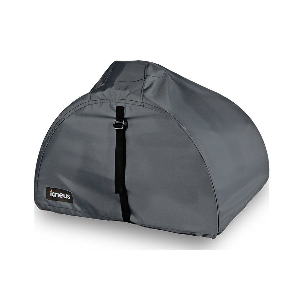 A gray, dome-shaped fabric cover featuring a black strap and emblazoned with the Igneus logo on the front, is perfectly crafted for safeguarding your Igneus Classico Pizza Oven or other similar outdoor cooking gear.