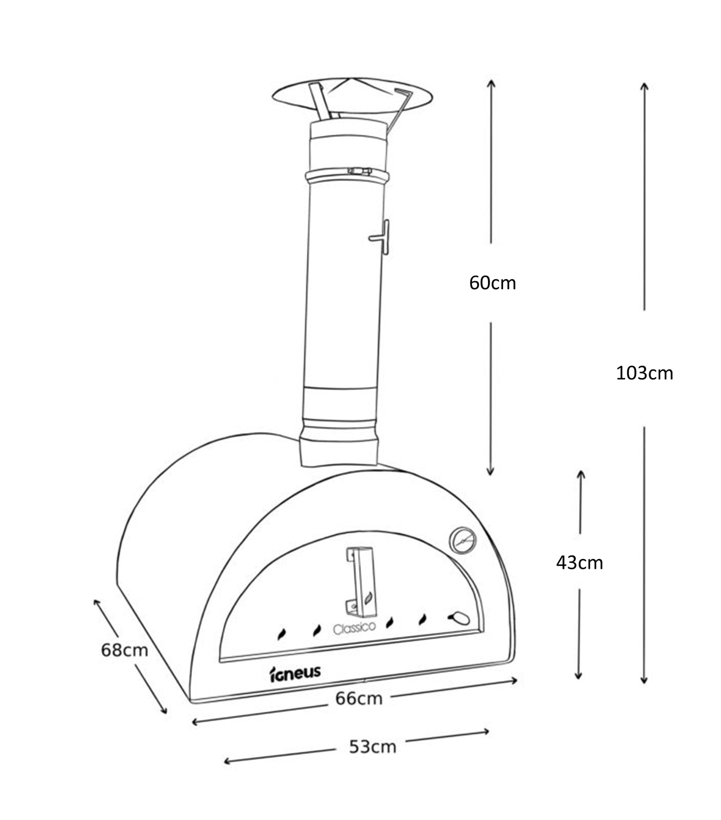 Line drawing of an outdoor wood-fired pizza oven with a chimney. Dimensions are labeled: oven height 43cm, chimney 60cm, total height 103cm, width 66cm, and depth 68cm. The door measures 53cm. The oven is branded Igneus Classico for perfect outdoor cooking experiences as part of the Igneus Classico Pizza Oven Ultimate Bundle.