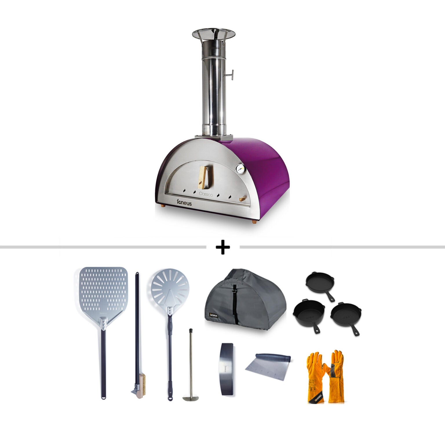 The image showcases the Igneus Classico Pizza Oven Ultimate Bundle in purple, featuring a wood-fired pizza oven complete with a chimney. Designed for outdoor cooking enthusiasts, this bundle includes essential accessories such as pizza peels, a brush, an ash shovel, a pizza cutter, oven gloves, cast iron pans, and a protective cover.