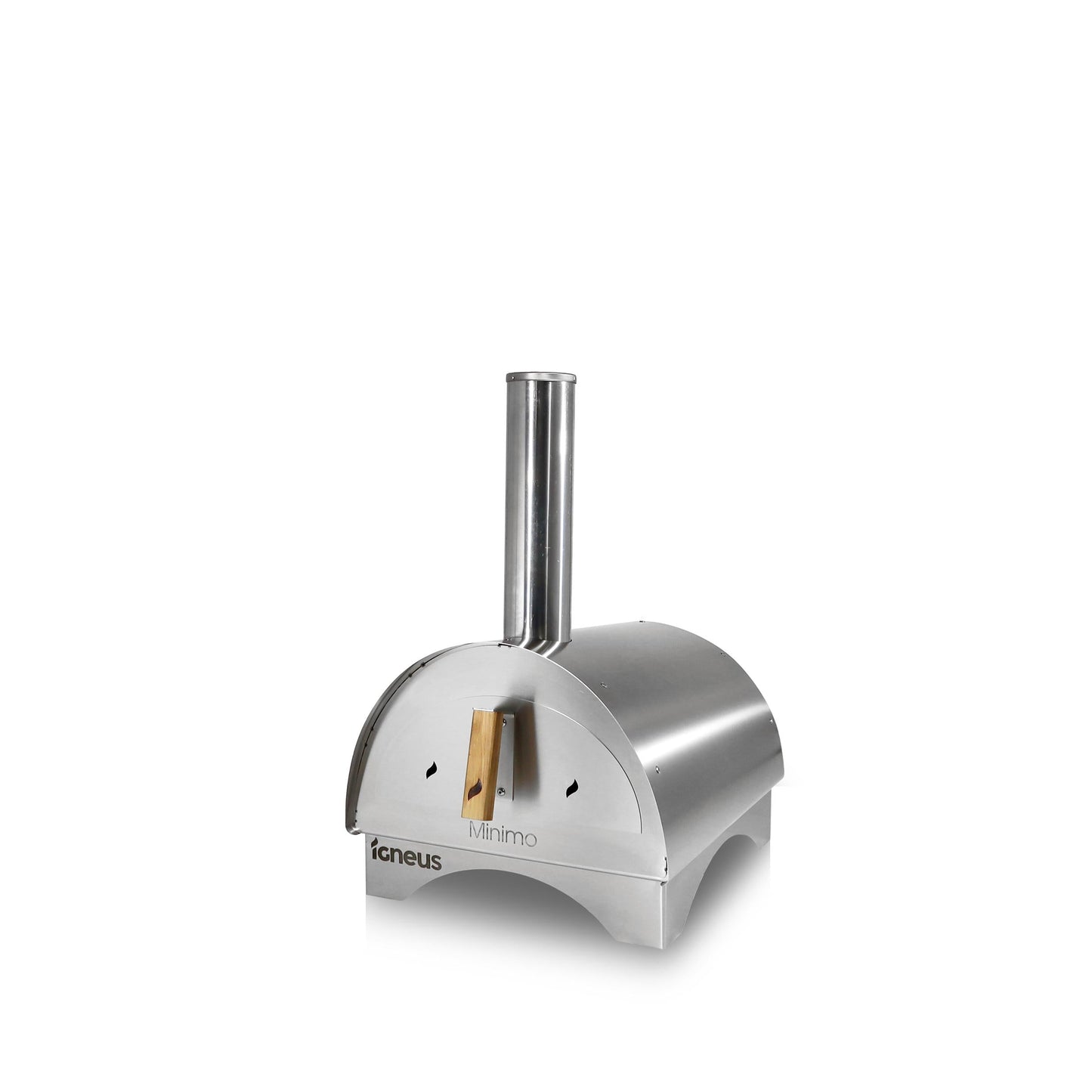 The Igneus Minimo Portable Pizza Oven (including Peel & Rake) is a compact outdoor pizza oven with a stainless steel construction and chimney. Its sleek design includes a brushed metal finish and front vent, supported by short legs, making it perfect for tabletop or outdoor cooking excursions.