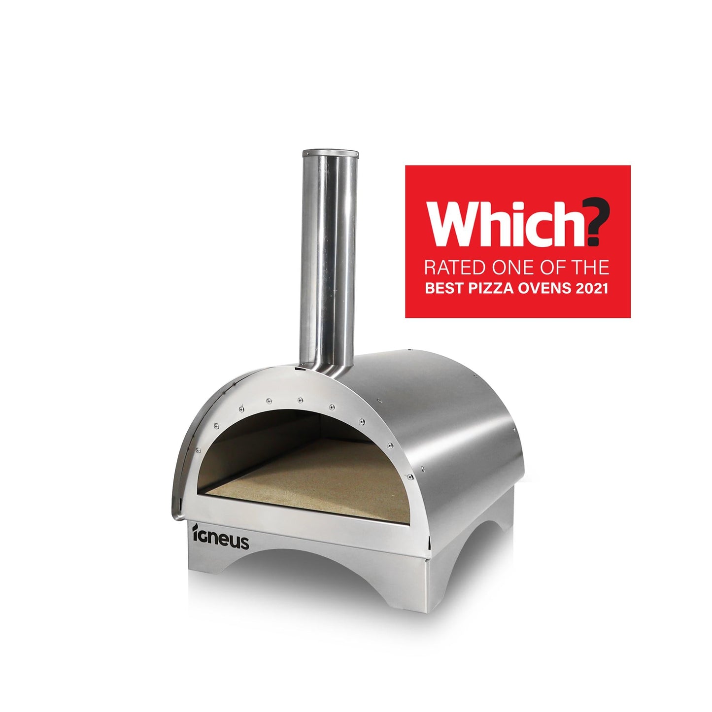 The Igneus Minimo Portable Pizza Oven (Inc. Peel & Rake), made from gleaming stainless steel, comes with a chimney and is ideal for outdoor cooking. It boasts a red badge declaring that it was "Which? Rated one of the best pizza ovens 2021.