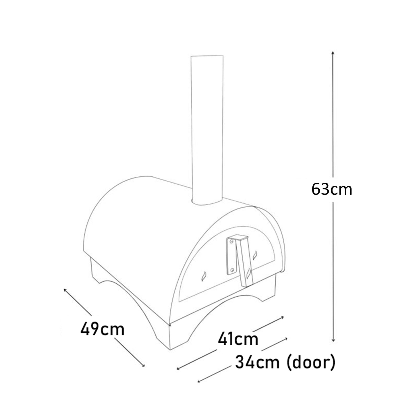 The Igneus Minimo Portable Pizza Oven (Inc. Peel & Rake) is an elegantly designed outdoor cooking appliance with a chimney. It boasts dimensions of 49cm in width, 41cm in depth, with a door width of 34cm, and stands at a height of 63cm. This portable pizza oven features a domed shape and is securely positioned on its base.