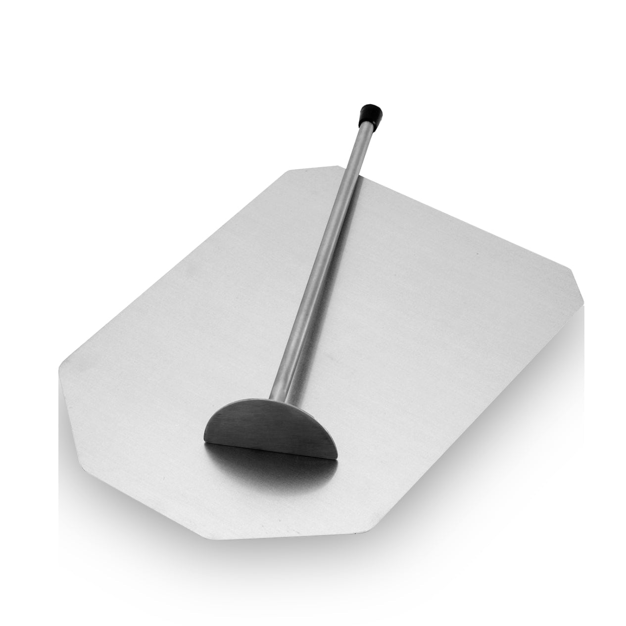 The silver pizza peel, designed for use with the Igneus Minimo Portable Pizza Oven, features a long handle with a comfortable black grip. Its flat, rectangular surface is ideal for outdoor cooking and is displayed against a white background.