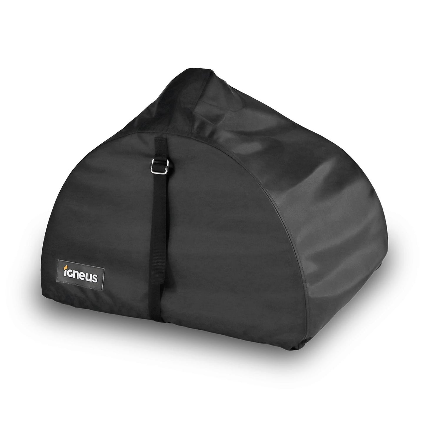 The Igneus Pizza Oven Covers are black and water-resistant, crafted specifically for Igneus pizza ovens with a stylish dome-shaped design. They come equipped with a handle and an adjustable strap with a buckle to ensure a secure fit, along with a reinforced chimney section for enhanced durability.