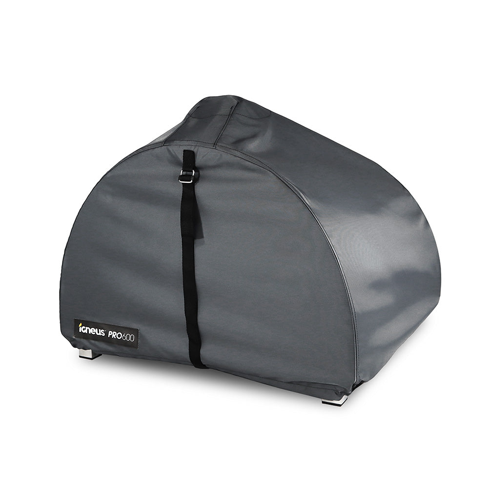 The Igneus Pizza Oven Cover is a gray, water-resistant cover for your outdoor oven, featuring a curved design and securing straps. It includes a reinforced chimney section for added durability and is elegantly displayed against a plain white background.