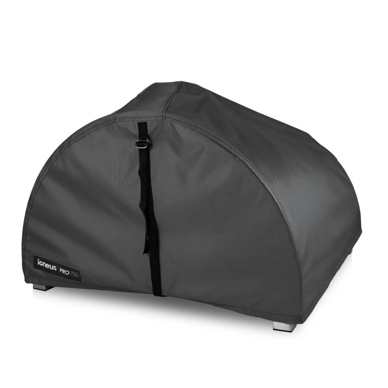 This Igneus Pizza Oven Cover, part of the iconus PRO 756 series, is crafted from durable, water-resistant fabric and features a gray dome shape. It includes a front strap for secure fastening and is showcased on a flat, white surface.