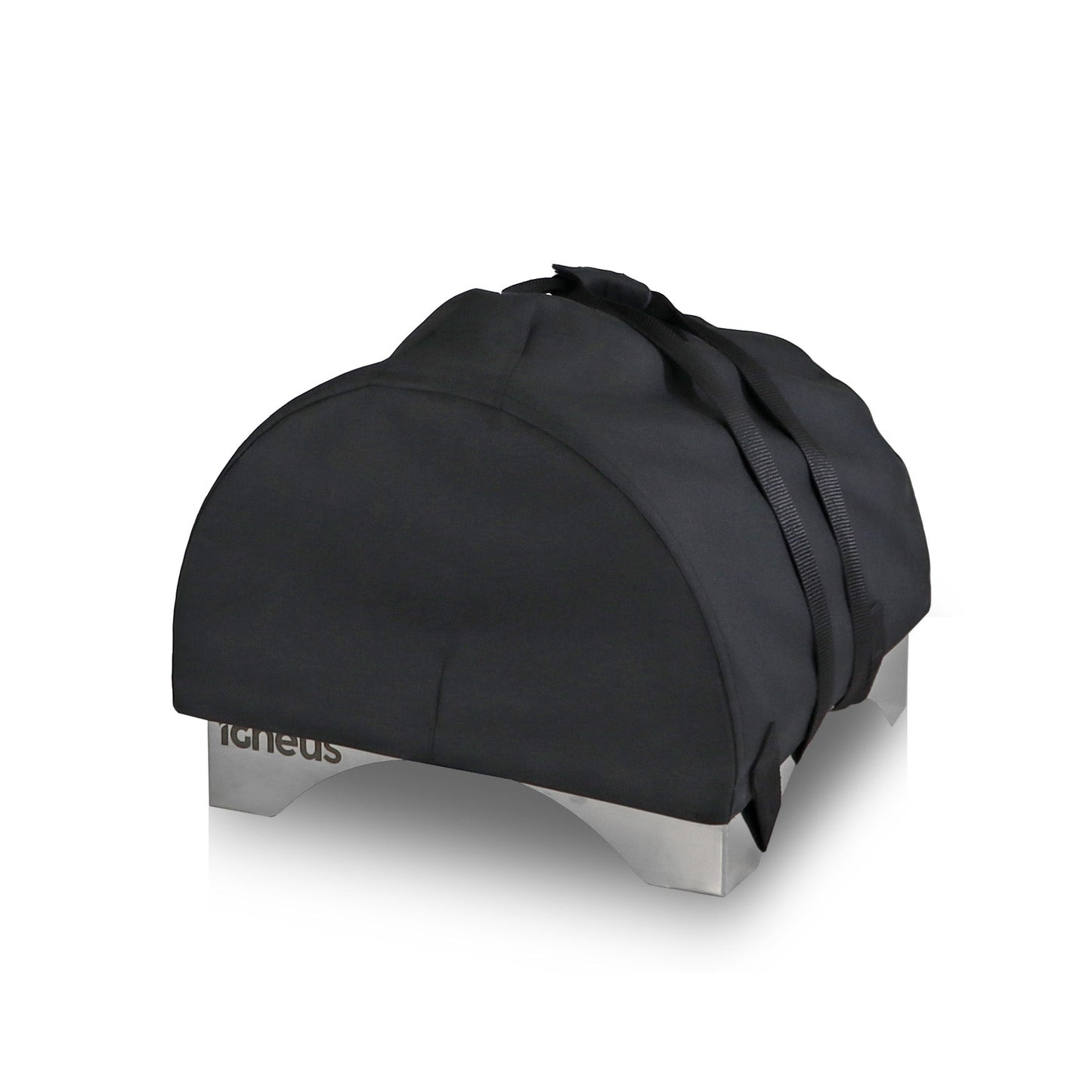 A black, water-resistant cover from Igneus is neatly draped over a dome-shaped object with metallic legs, resembling a small oven or grill. This Igneus Pizza Oven Cover features a reinforced chimney section and a handle on top, allowing it to fit snugly around the structure.