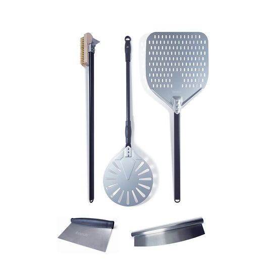 The Igneus Pro 85cm Accessory Bundle by Igneus features an array of pizza-making tools, including a perforated pizza peel, a turning peel with a slotted design, a dough cutter, a dough scraper, and a rocking pizza cutter. Each tool is designed with metallic finishes and sleek black handles.