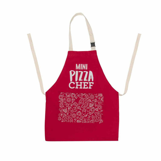 The "Kids Pizza Chef Apron" by Alfresco Chef is a delightful red apron featuring the phrase "Mini Pizza Chef" in white letters. It is playfully decorated with doodles of pizza slices, tomatoes, and other ingredients. Ideal for pizza night, it includes convenient white neck and side ties for easy wear.