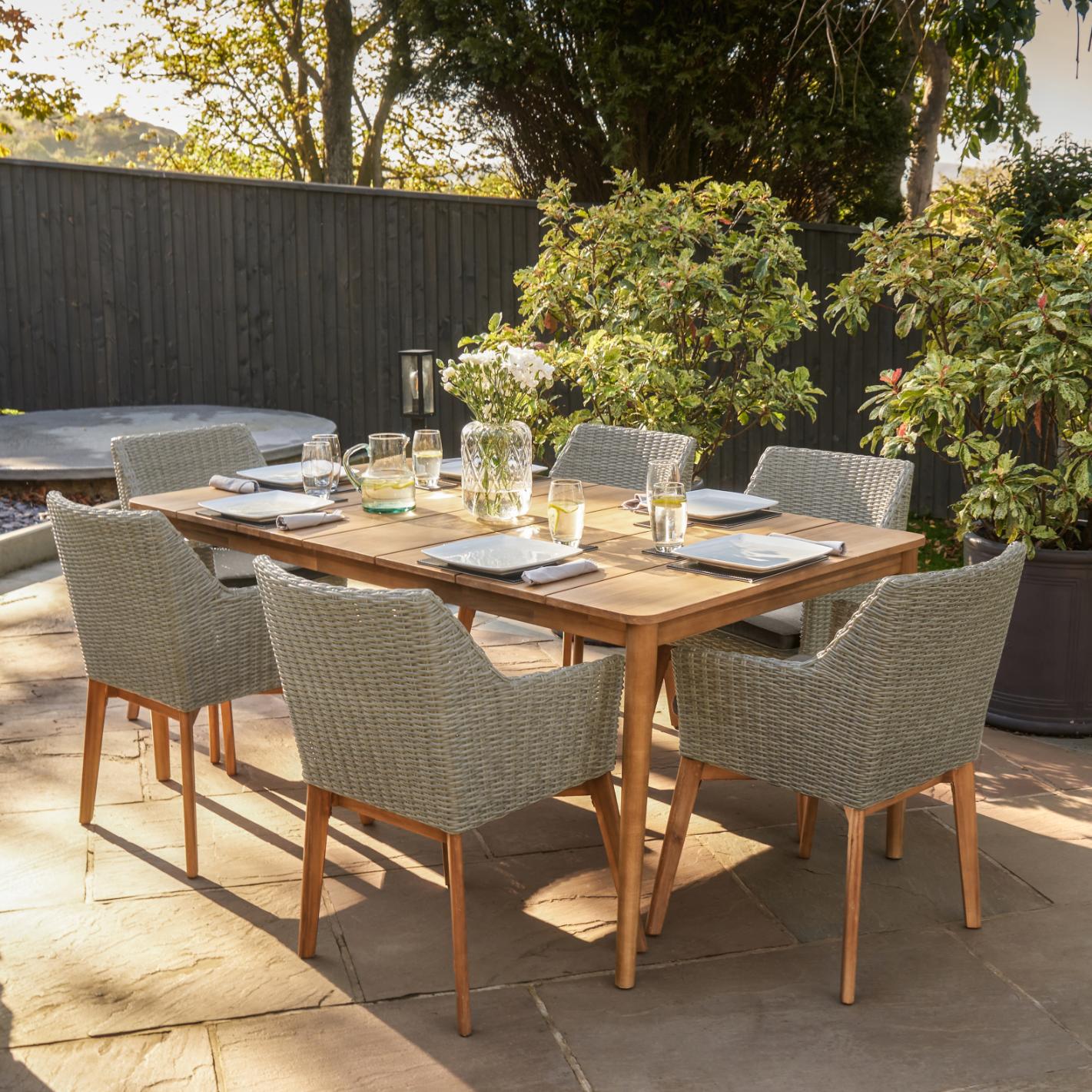 Larissa Dining Set Light Kubu Grey K/D. Outdoor dining table and chairs-Outdoor dining tables-Pacific lifestyle-The Larissa Dining Set with light acacia wood frame is incredibly hard wearing and equally stylish. Its Light Kubu Grey finish and half-round faux rattan weave offers a contemporary feel, whilst the high back seats and plump cushions provide ultimate comfort. The set comprises of a dining table and 6x dining chairs, providing the perfect set for the ultimate dining experience. The eye-catching set