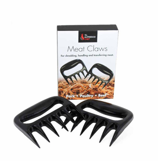 A pair of black meat shredding claws from Alfresco Chef is displayed in front of a box labeled "Meat Claws," designed for handling and transferring meat with ease. Ideal for pork, poultry, and beef, these dishwasher-safe tools simplify the preparation of pulled pork sandwiches.