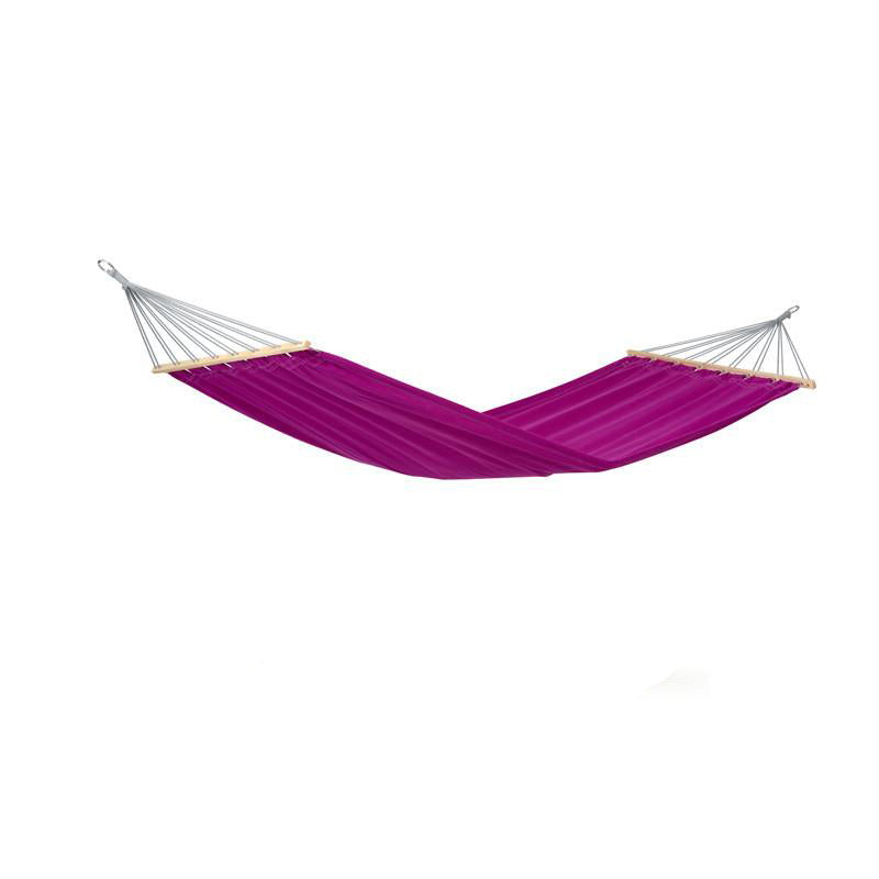 The Amazonas Miami Berry Hammock, featuring silver ropes and wooden spreader bars, is elegantly suspended in mid-air against a plain white background.