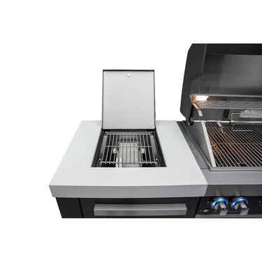Mont Alpi - Outdoor kitchen. Black 6 burner island with beverage center and fridge.