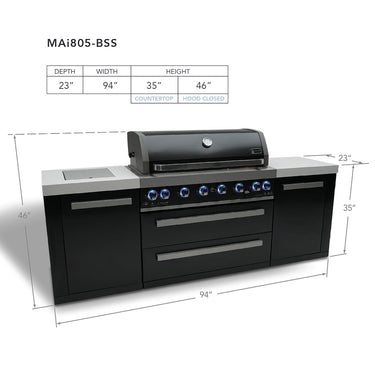 Mont Alpi - Outdoor kitchen. Black 6 burner island with fridge.