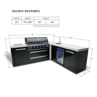 Mont Alpi - Outdoor kitchen. Black 90 degree island, with beverage center and fridge.