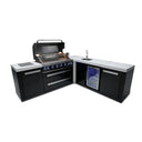 Mont Alpi - Outdoor kitchen. Black 90 degree island, with beverage center and fridge.