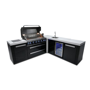 Mont Alpi - Outdoor kitchen. Black 90 degree island, with beverage center and fridge.