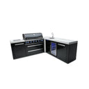 Mont Alpi - Outdoor kitchen. Black 90 degree island, with beverage center and fridge.