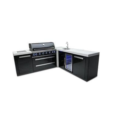 Mont Alpi - Outdoor kitchen. Black 90 degree island, with beverage center and fridge.