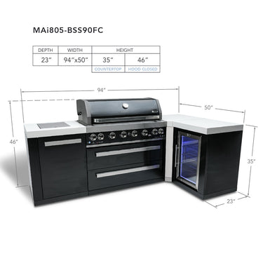 Mont Alpi - Outdoor kitchen. Black 90 degree island with fridge.