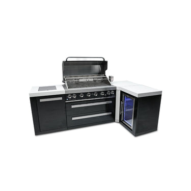 Mont Alpi - Outdoor kitchen. Black 90 degree island with fridge.