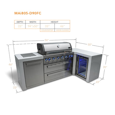 Mont Alpi - Outdoor kitchen. Deluxe 6 burner 90 degree island, with fridge.