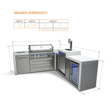 Mont Alpi - Outdoor kitchen. Deluxe 6 burner island with 90 degree corner, kegerator and fridge.