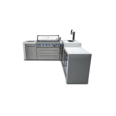 Mont Alpi - Outdoor kitchen. Deluxe 6 burner island with 90 degree corner, kegerator and fridge.