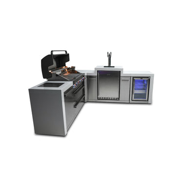 Mont Alpi - Outdoor kitchen. Deluxe 6 burner island with 90 degree corner, kegerator and fridge.