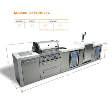 Mont Alpi - Outdoor kitchen. Deluxe 6 burner island with kegerator, beverage center and fridge.