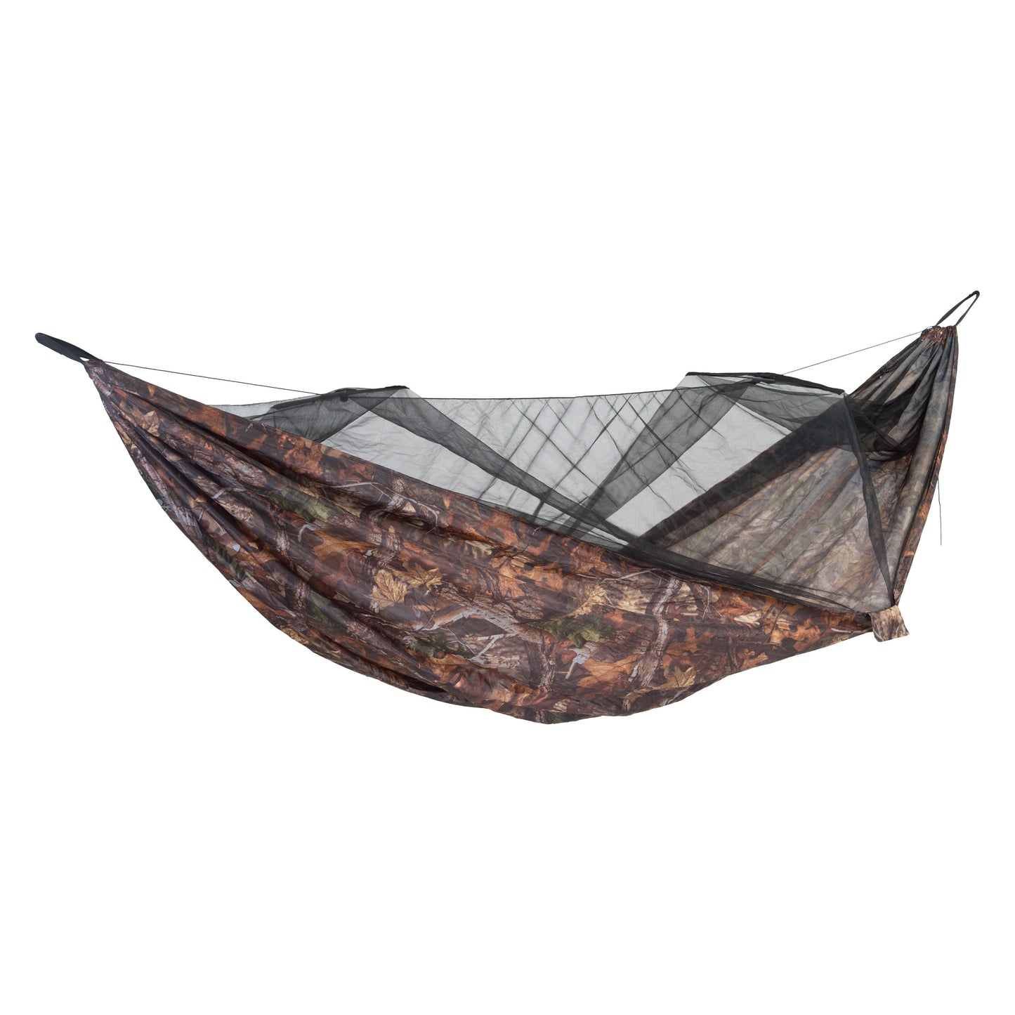 The Amazonas Moskito-Traveller Forest is an ultralight hammock featuring a camouflage pattern and integrated black mesh mosquito net. Its tube-like design, supported by two ropes, makes it perfect for outdoor camping or hiking in natural forest settings.