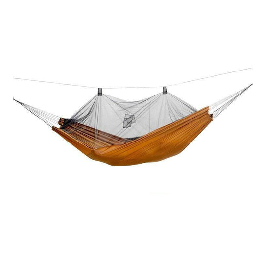 The Moskito Traveller Pro Hammock by Amazonas is beautifully suspended by cords and comes in a rich brown color, featuring a black mesh canopy for insect protection. Displayed against a white background, this Ripstop hammock promises both durability and comfort.