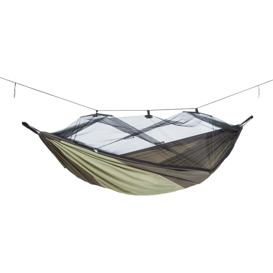 A green and olive ultra-light hammock, complete with a black mosquito net, is suspended between two points. This Amazonas Moskito Traveller Thermo XXL setup includes the net above the hammock, creating a sheltered sleeping area for your adventures.