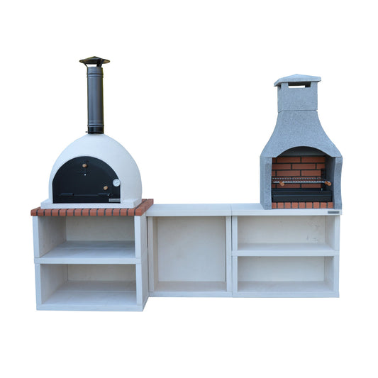 The Napoli Outdoor Kitchen - BBQ and Wood Fired Pizza Oven by Xclusive Decor features a wood-fired pizza oven and grill set on a stylish white base with brick accents. On the left side, you'll find a dome-shaped oven topped with a black chimney, while the right side offers a BBQ grill with a vented hood. Both components are enhanced by practical storage shelves underneath.