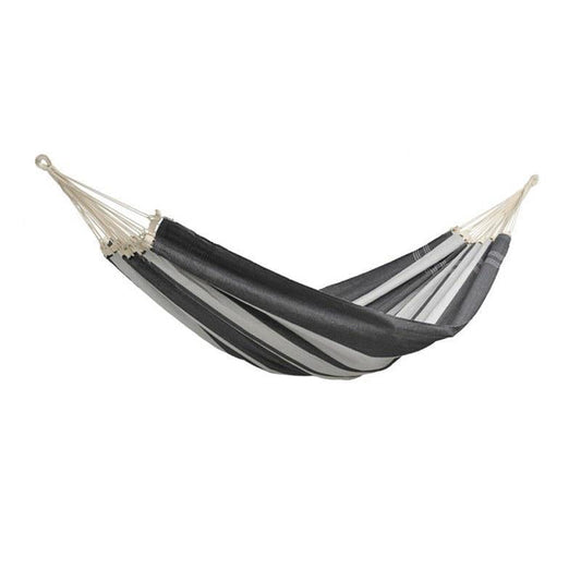 The Amazonas Paradiso Silver Hammock, made from recycled Brazilian cotton, showcases black and white stripes on a white backdrop. Designed with comfort seekers in mind, it includes convenient ropes and loops for hanging to provide the ultimate relaxation experience.