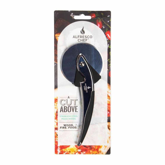 The packaging of the Alfresco Chef Pizza Wheel Cutter features a sleek black handle paired with a stainless steel wheel, all set against a lively background of pizza slices. The branding proudly displays the slogan "A Cut Above," and promises an easy-to-use cutter experience that celebrates Wood. Fire. Food.